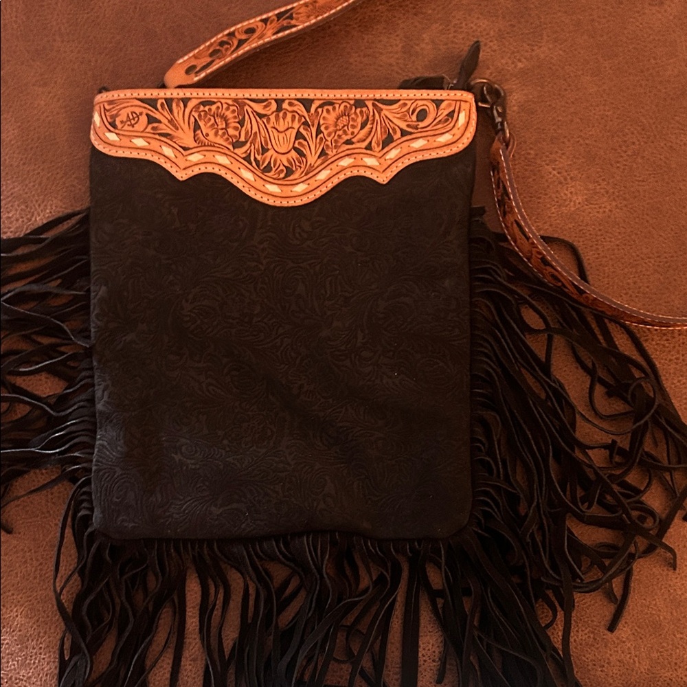 American Darling Black Crossbody with Tan Tooled Trim & Fringe